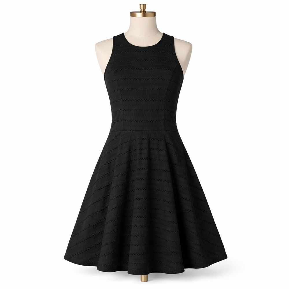 Aeropostale Womens XS Black Eyelet Open Back Fit Flare Skater Dress Lined LBD